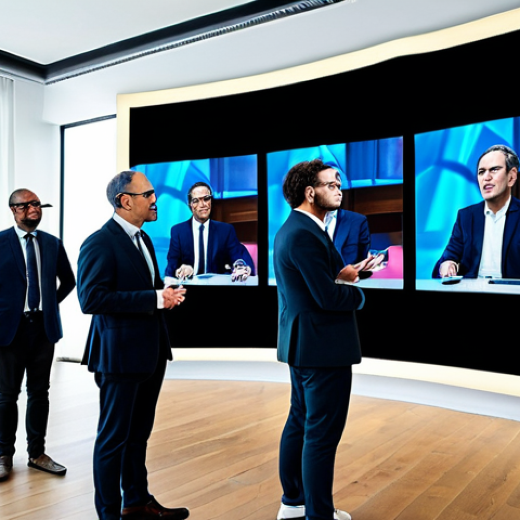 A diverse group of professional investors and cultural entrepreneurs in a modern, elegant meeting room in a Parisian cultural hub. They are dressed in modest business attire, actively engaged in a discussion about digital innovation in performing arts investment. Large digital screens in the background display holographic projections of a vibrant stage performance and abstract virtual reality elements. The atmosphere is collaborative and forward-thinking. Professional photography, high resolution, realistic, perfect anatomy, correct proportions, natural pose, well-formed hands, proper finger count, fully clothed, appropriate attire, safe for work, professional, appropriate content.