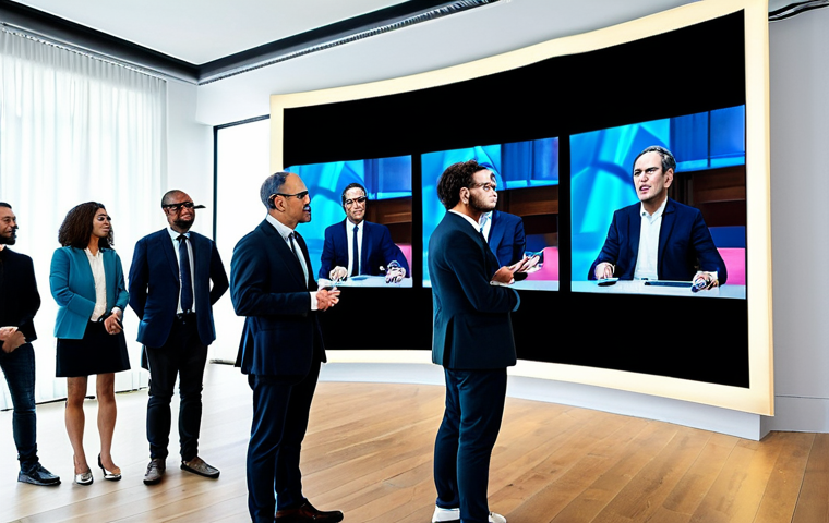 A diverse group of professional investors and cultural entrepreneurs in a modern, elegant meeting room in a Parisian cultural hub. They are dressed in modest business attire, actively engaged in a discussion about digital innovation in performing arts investment. Large digital screens in the background display holographic projections of a vibrant stage performance and abstract virtual reality elements. The atmosphere is collaborative and forward-thinking. Professional photography, high resolution, realistic, perfect anatomy, correct proportions, natural pose, well-formed hands, proper finger count, fully clothed, appropriate attire, safe for work, professional, appropriate content.