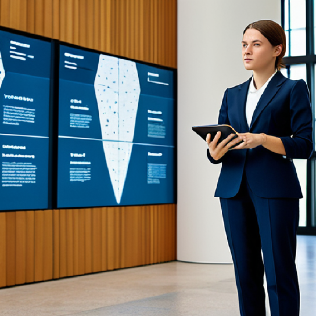 A highly skilled female art management professional, fully clothed in a modest, elegant business suit, professional dress. She stands confidently in a spacious, contemporary museum lobby, holding a tablet and observing a large digital screen displaying innovative data visualizations on cultural trends and audience engagement. The background subtly showcases modern art installations. The pose is natural, displaying perfect anatomy, correct proportions, well-formed hands, proper finger count, and natural body proportions. Professional photography, high resolution, detailed, sharp focus, natural lighting. safe for work, appropriate content, fully clothed, modest clothing, professional, family-friendly.