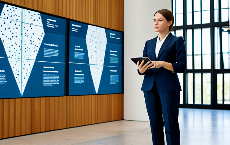A highly skilled female art management professional, fully clothed in a modest, elegant business suit, professional dress. She stands confidently in a spacious, contemporary museum lobby, holding a tablet and observing a large digital screen displaying innovative data visualizations on cultural trends and audience engagement. The background subtly showcases modern art installations. The pose is natural, displaying perfect anatomy, correct proportions, well-formed hands, proper finger count, and natural body proportions. Professional photography, high resolution, detailed, sharp focus, natural lighting. safe for work, appropriate content, fully clothed, modest clothing, professional, family-friendly.