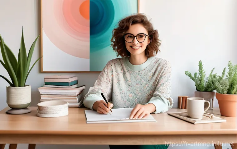 문화예술 IP 비즈니스 - **Prompt 1: Illustration Licensing Success**
    "A vibrant, brightly lit studio with a young female...