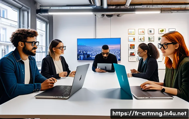 문화예술 스타트업 창업 - A vibrant cultural startup workspace in Paris, showcasing a diverse team of creative professionals c...