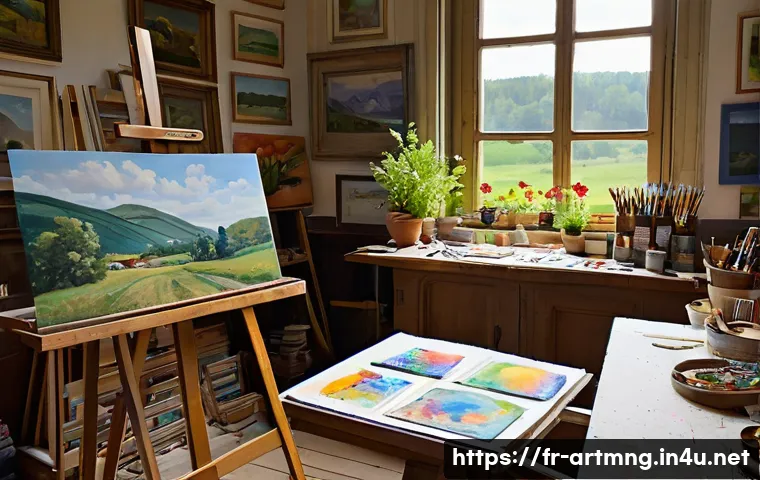 예술가를 위한 재정 관리 - A cozy artist&rsquo;s studio in a French countryside home during daytime, filled with colorful paintings o...