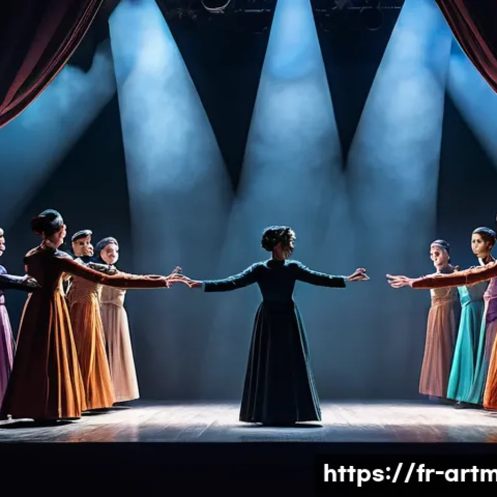 공연예술 기획서 작성법 - A contemporary theater stage scene showcasing a diverse ensemble of artists including actors, musici...