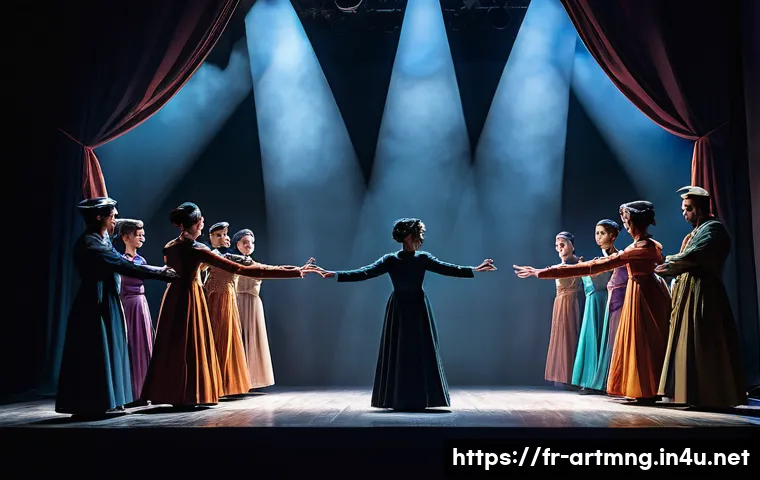 공연예술 기획서 작성법 - A contemporary theater stage scene showcasing a diverse ensemble of artists including actors, musici...