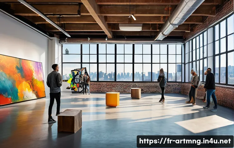 예술경영 관련 국제 사례 - A vibrant urban art hub scene in New York City, showcasing a diverse group of young artists in a mod...