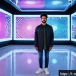 예술과 메타버스 - A futuristic digital art studio showcasing an artist wearing casual modern clothing and interacting ...