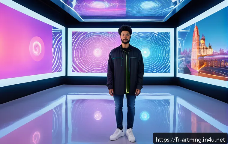 예술과 메타버스 - A futuristic digital art studio showcasing an artist wearing casual modern clothing and interacting ...