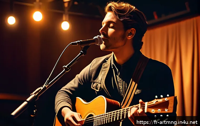 콘서트 기획 및 제작 - A vibrant concert scene inside a cozy, intimate venue with warm, natural acoustic design, showcasing...