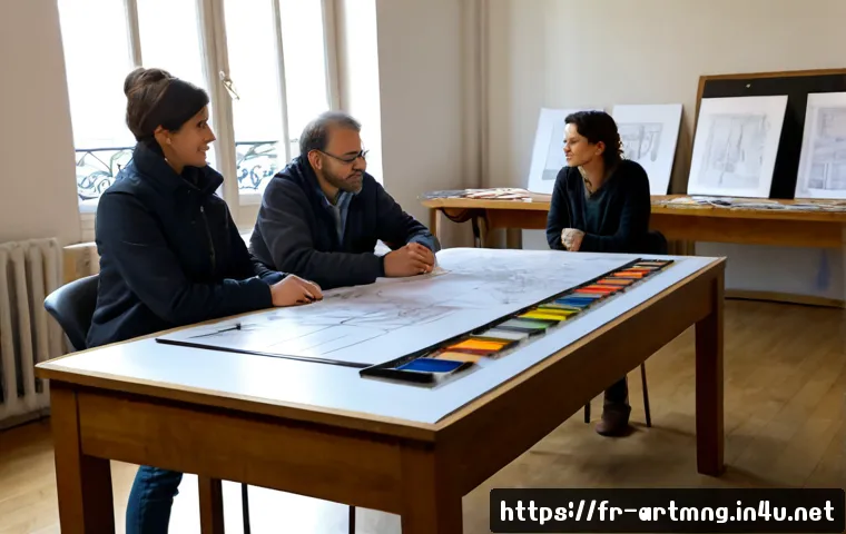 공공예술 프로젝트 기획 - Photorealistic public art project planning meeting in a bright Paris community studio, diverse Frenc...