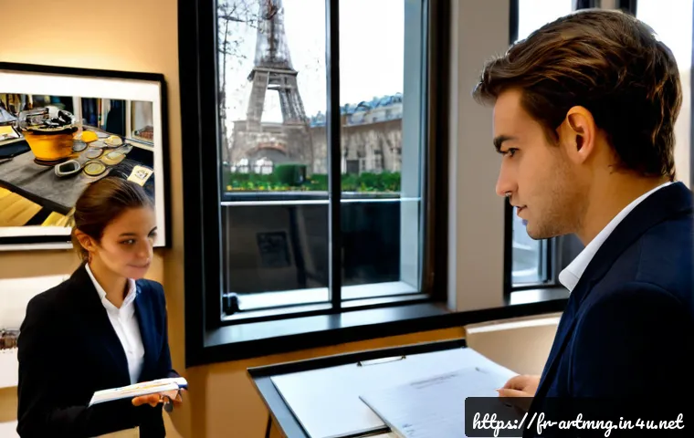 Home 15 예술경영 취업 및 진로 - Photorealistic career planning scene in a contemporary Paris arts office, a confident young French p...